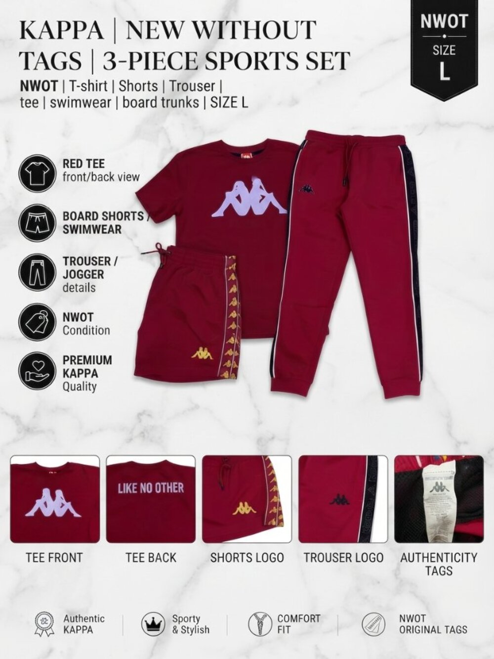 NWOT Kappa 3-Piece Sports Set Red Men's Size L T-Shirt Joggers Shorts